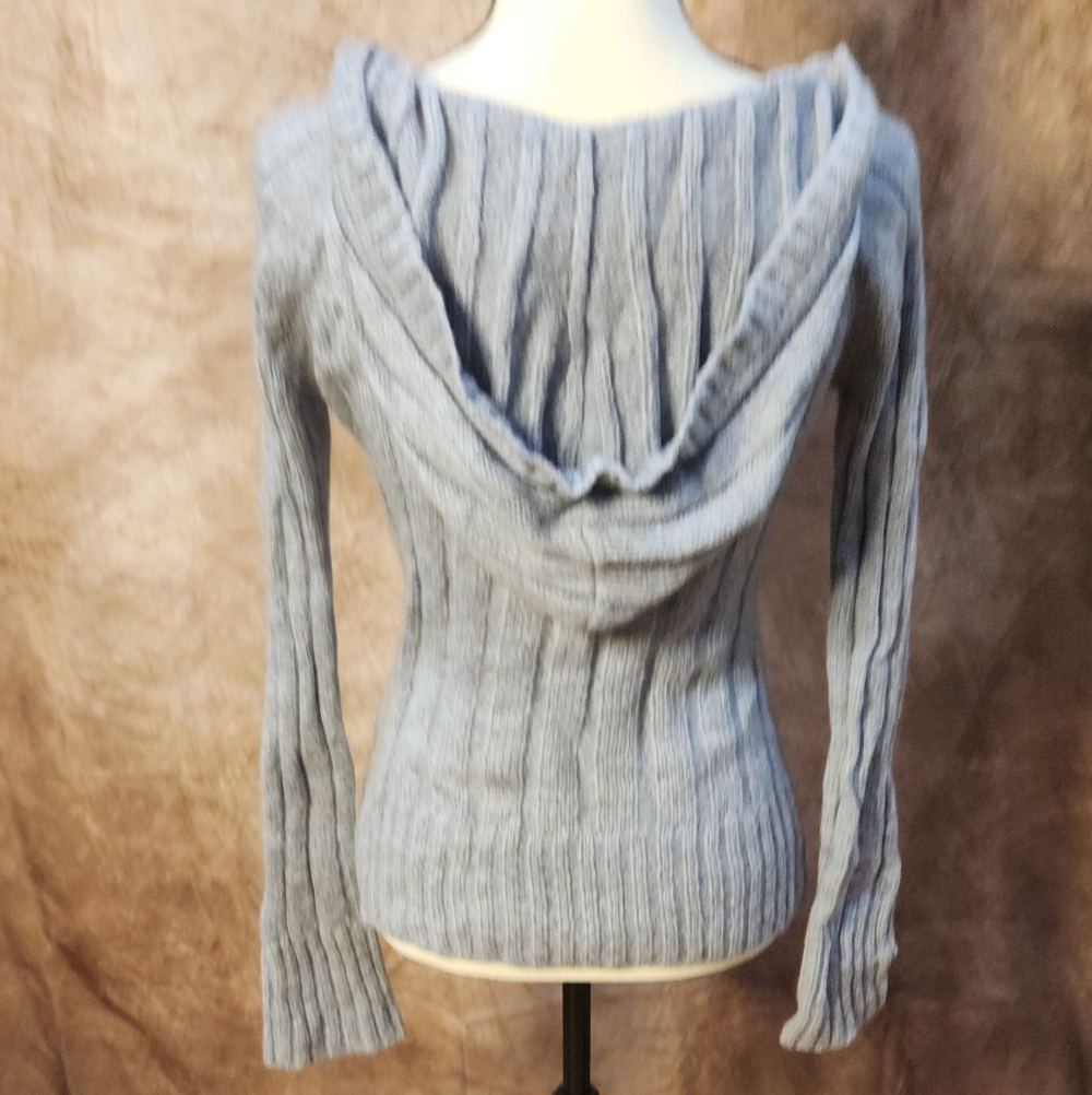 Soft Ribbed Hooded Knit Sweater With Layered Insert – Gray – Size S - Picture 8 of 8